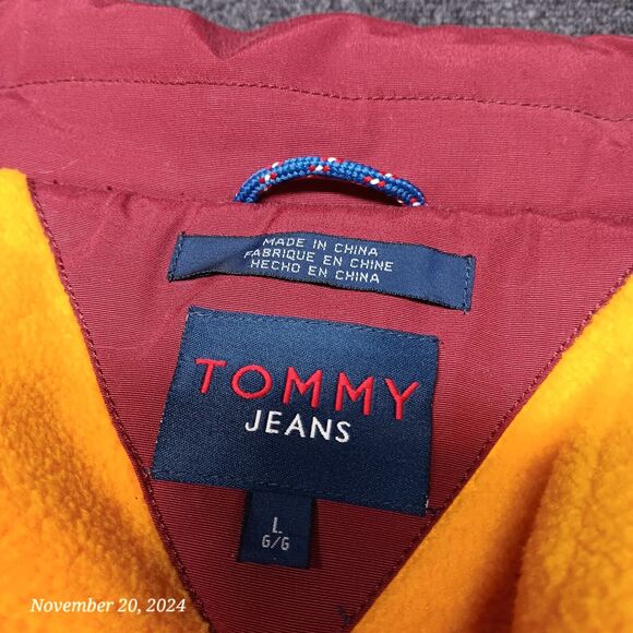 Vintage Tommy Hilfiger Jeans Overcoat Men Large Red Fleece Lined Vented - Picture 8 of 9